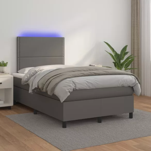 szürke műbőr rugós és LED-es ágy matraccal 120x190 cm