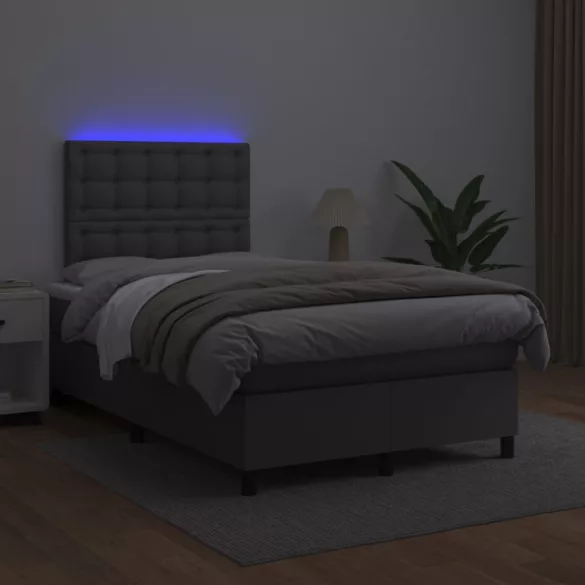szürke műbőr rugós és LED-es ágy matraccal 120x190 cm