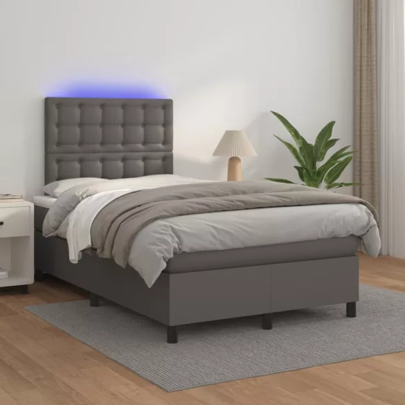 szürke műbőr rugós és LED-es ágy matraccal 120x190 cm
