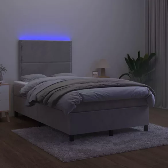 világosszürke bársony rugós és LED-es ágy matraccal 120x190 cm