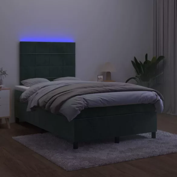 sötétzöld bársony rugós és LED-es ágy matraccal 120x190 cm
