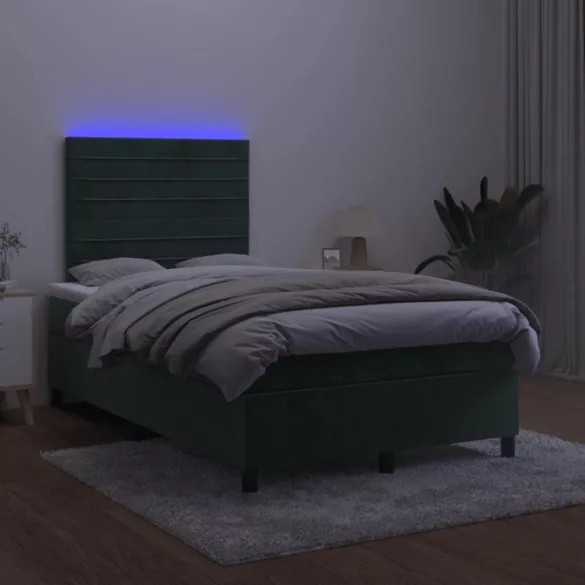 sötétzöld bársony rugós és LED-es ágy matraccal 120x190 cm