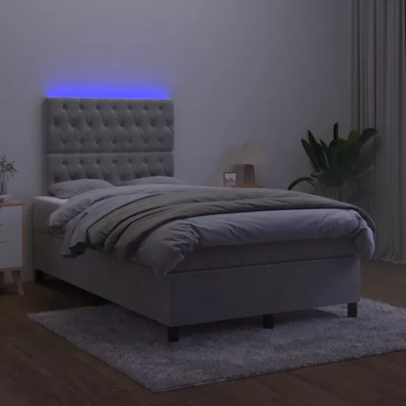 világosszürke bársony rugós és LED-es ágy matraccal 120x190 cm