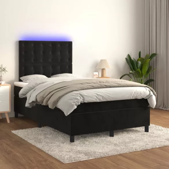 fekete bársony rugós és LED-es ágy matraccal 120x190 cm