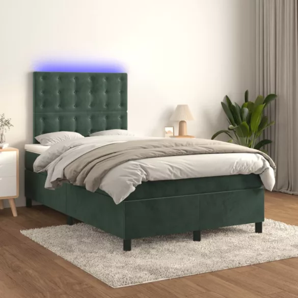 sötétzöld bársony rugós és LED-es ágy matraccal 120x190 cm