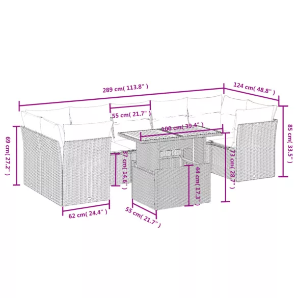 8 részes szürke polyrattan kerti ülőgarnitúra párnákkal