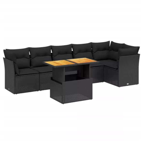 7 részes fekete polyrattan kerti ülőgarnitúra párnával