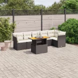7 részes fekete polyrattan kerti ülőgarnitúra párnával