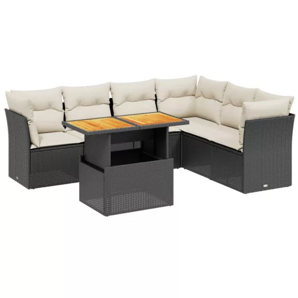 7 részes fekete polyrattan kerti ülőgarnitúra párnával