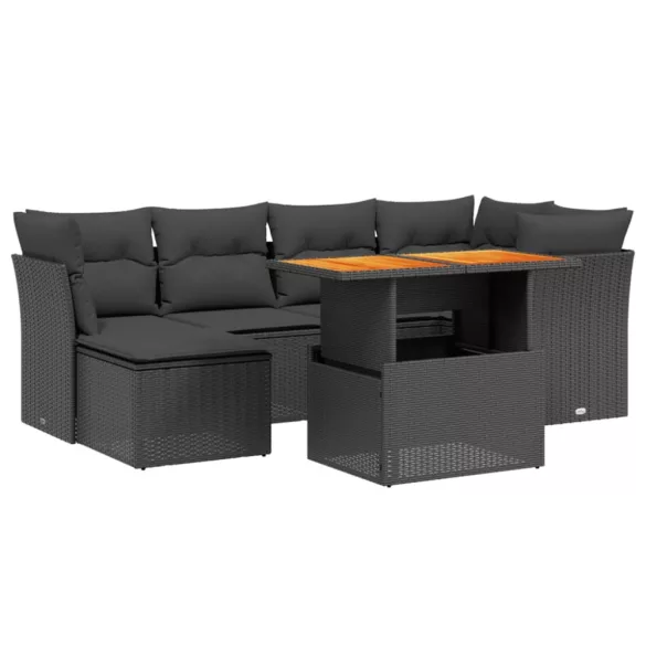 7 részes fekete polyrattan kerti ülőgarnitúra párnával