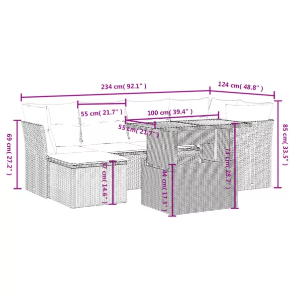 7 részes bézs polyrattan kerti ülőgarnitúra párnákkal