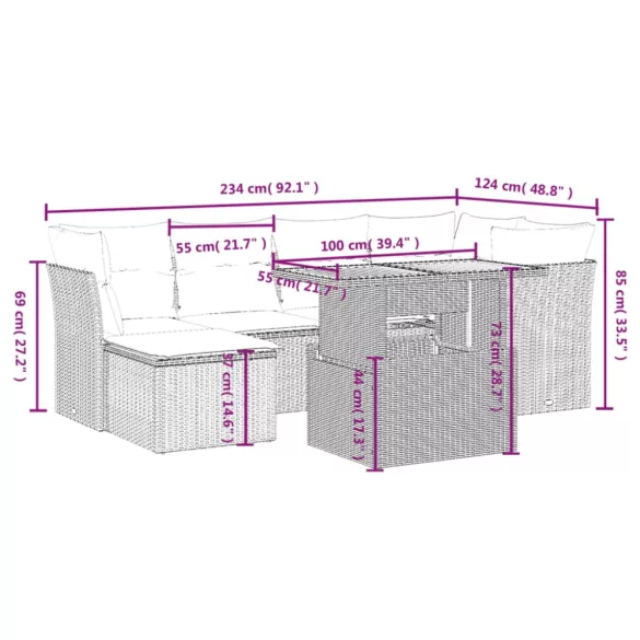 7 részes szürke polyrattan kerti ülőgarnitúra párnákkal