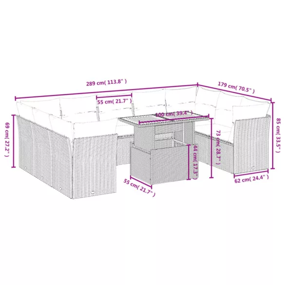 10 részes fekete polyrattan kerti ülőgarnitúra párnákkal