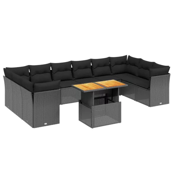 11 részes fekete polyrattan kerti ülőgarnitúra párnákkal
