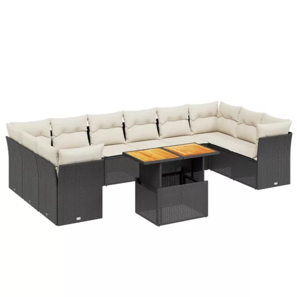 11 részes fekete polyrattan kerti ülőgarnitúra párnákkal