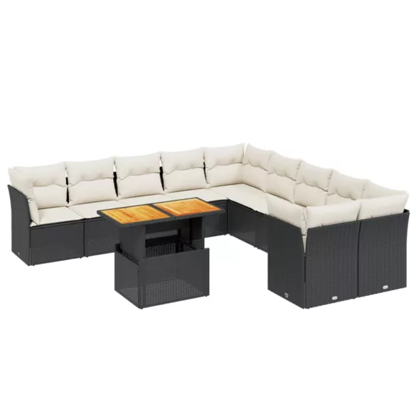 11 részes fekete polyrattan kerti ülőgarnitúra párnákkal
