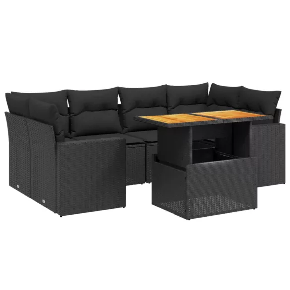 7 részes fekete polyrattan kerti ülőgarnitúra párnával