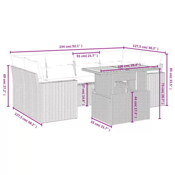 7 részes fekete polyrattan kerti ülőgarnitúra párnával