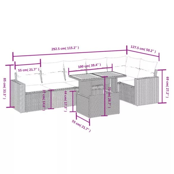 7 részes bézs polyrattan kerti ülőgarnitúra párnákkal