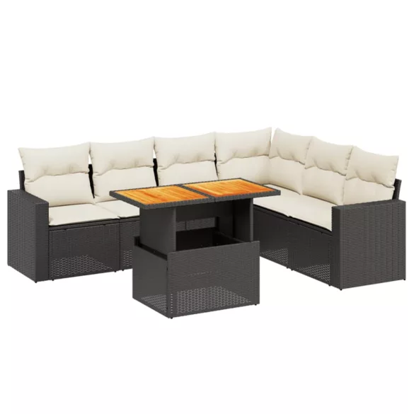 7 részes fekete polyrattan kerti ülőgarnitúra párnával