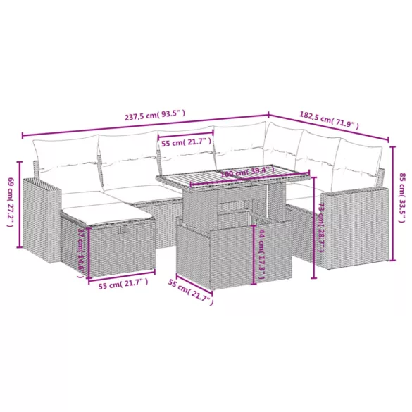 8 részes szürke polyrattan kerti ülőgarnitúra párnákkal