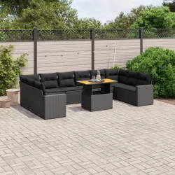   11 részes fekete polyrattan kerti ülőgarnitúra párnákkal