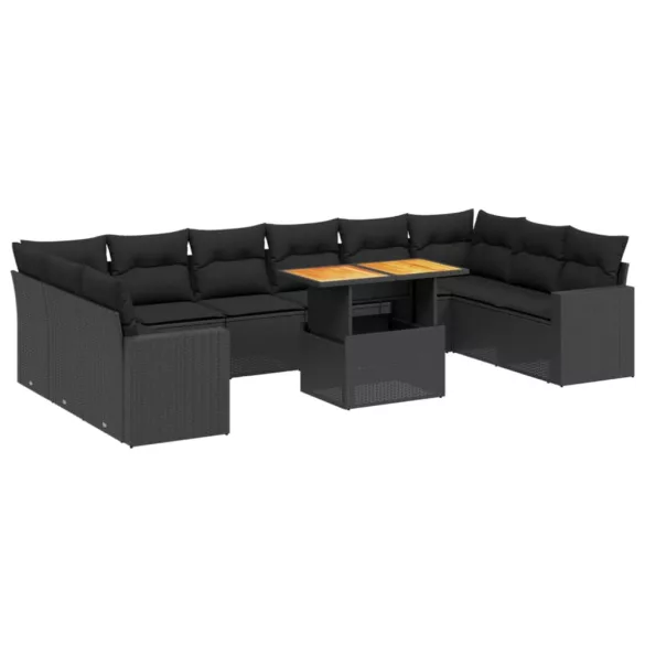 11 részes fekete polyrattan kerti ülőgarnitúra párnákkal