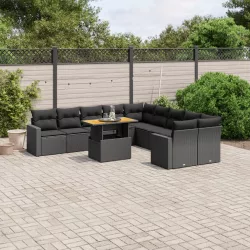   11 részes fekete polyrattan kerti ülőgarnitúra párnákkal