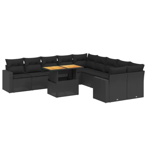 11 részes fekete polyrattan kerti ülőgarnitúra párnákkal