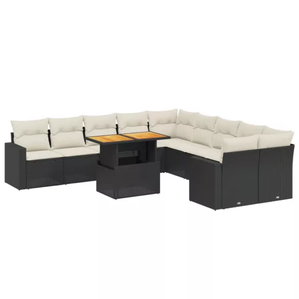 11 részes fekete polyrattan kerti ülőgarnitúra párnákkal