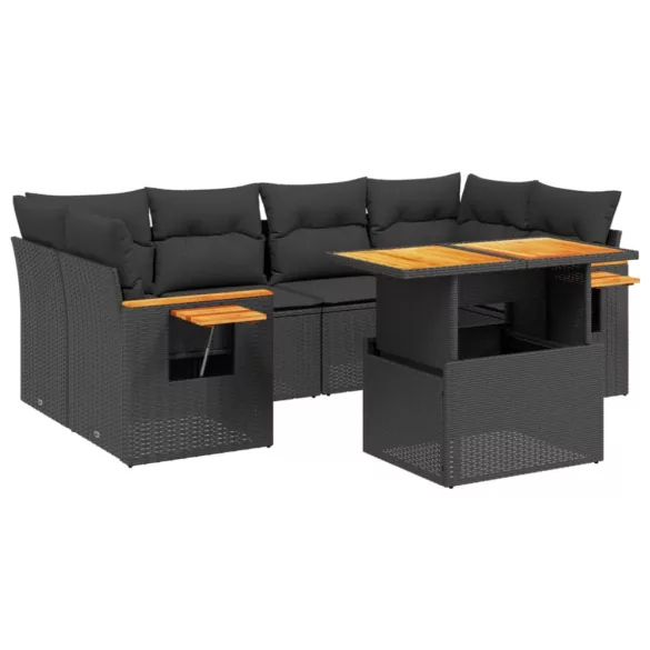7 részes fekete polyrattan kerti ülőgarnitúra párnával