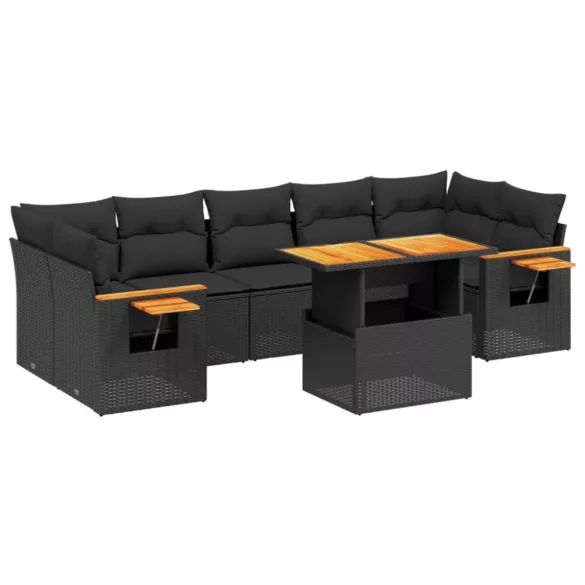 8 részes fekete polyrattan kerti ülőgarnitúra párnákkal