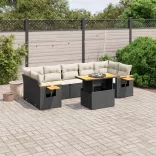 8 részes fekete polyrattan kerti ülőgarnitúra párnákkal