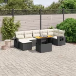 8 részes fekete polyrattan kerti ülőgarnitúra párnákkal