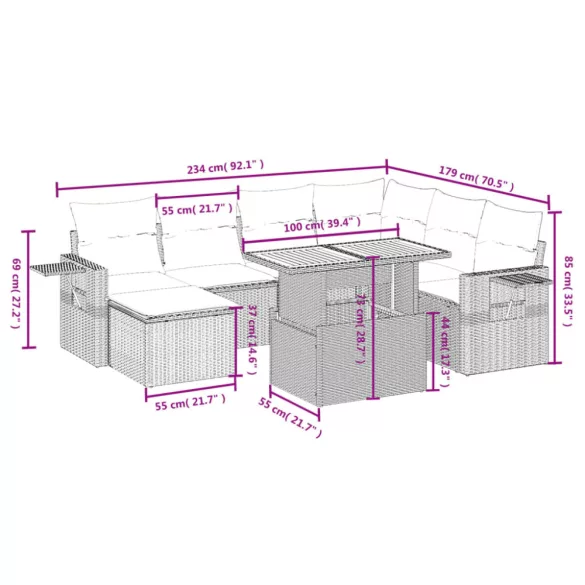 8 részes bézs polyrattan kerti ülőgarnitúra párnával