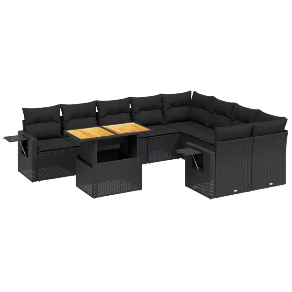 10 részes fekete polyrattan kerti ülőgarnitúra párnákkal
