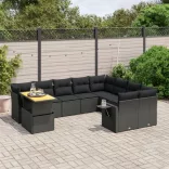 10 részes fekete polyrattan kerti ülőgarnitúra párnákkal