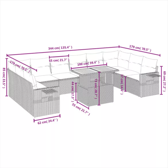 11 részes szürke polyrattan kerti ülőgarnitúra párnákkal