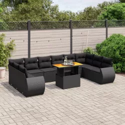   11 részes fekete polyrattan kerti ülőgarnitúra párnákkal