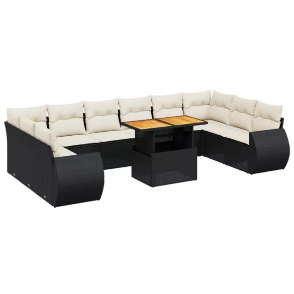 11 részes fekete polyrattan kerti ülőgarnitúra párnákkal