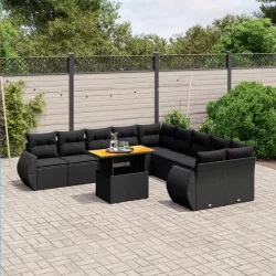   11 részes fekete polyrattan kerti ülőgarnitúra párnákkal