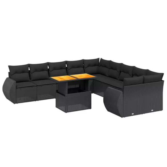11 részes fekete polyrattan kerti ülőgarnitúra párnákkal