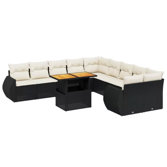 11 részes fekete polyrattan kerti ülőgarnitúra párnákkal