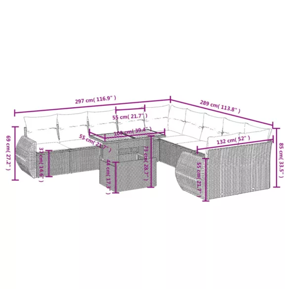 11 részes szürke polyrattan kerti ülőgarnitúra párnákkal