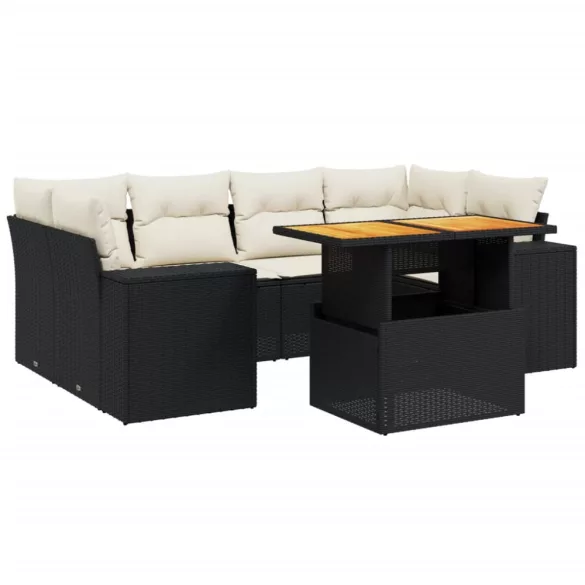 7 részes fekete polyrattan kerti ülőgarnitúra párnával