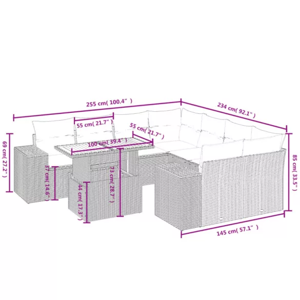 9 részes bézs polyrattan kerti ülőgarnitúra párnákkal