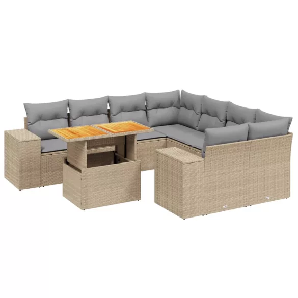 9 részes bézs polyrattan kerti ülőgarnitúra párnákkal