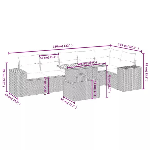 7 részes bézs polyrattan kerti ülőgarnitúra párnákkal