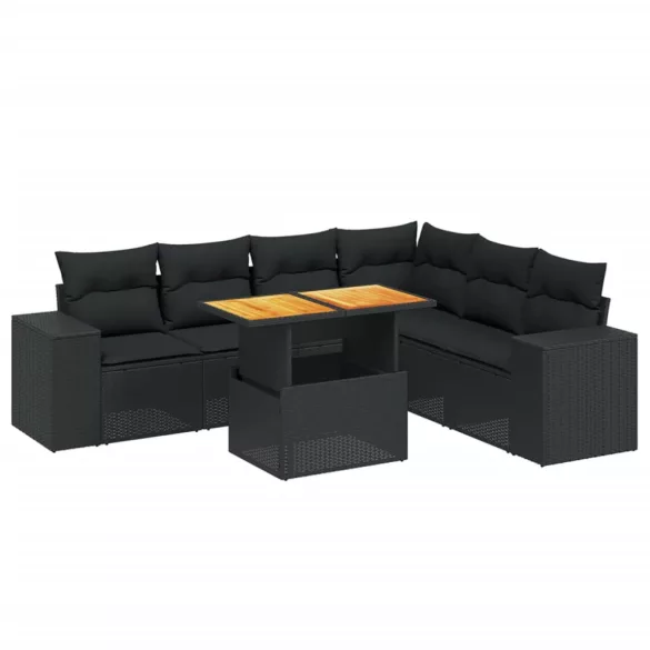 7 részes fekete polyrattan kerti ülőgarnitúra párnával