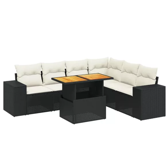 7 részes fekete polyrattan kerti ülőgarnitúra párnával
